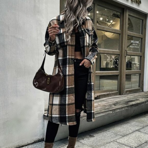 Casual Contemporary Plaid Print Drop Shoulder Coat - Picture 2 of 9